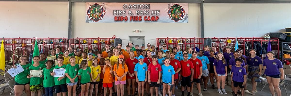 Kids Fire Camp participants gathered at Gaston Fire & Rescue